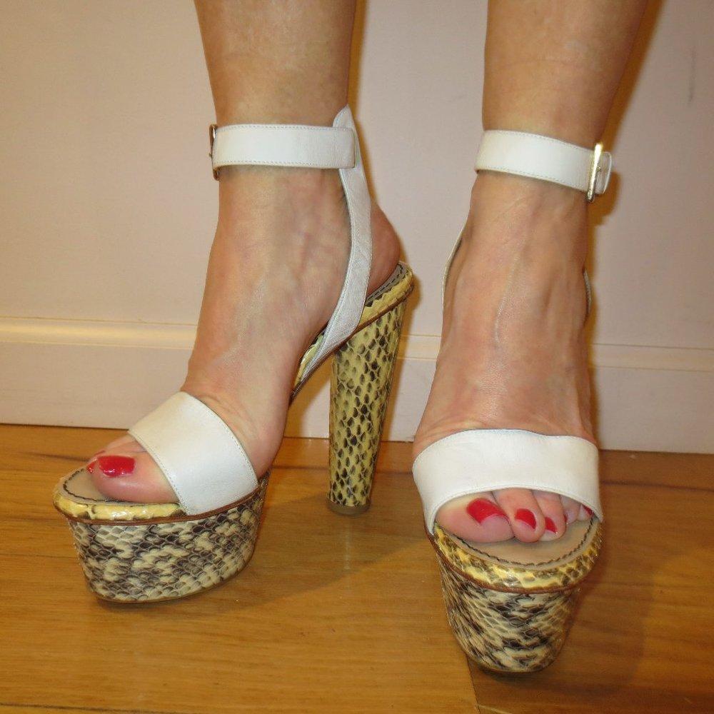 MALENE BIRGER  Portugal, White Strap Snakeskin Platform Heels